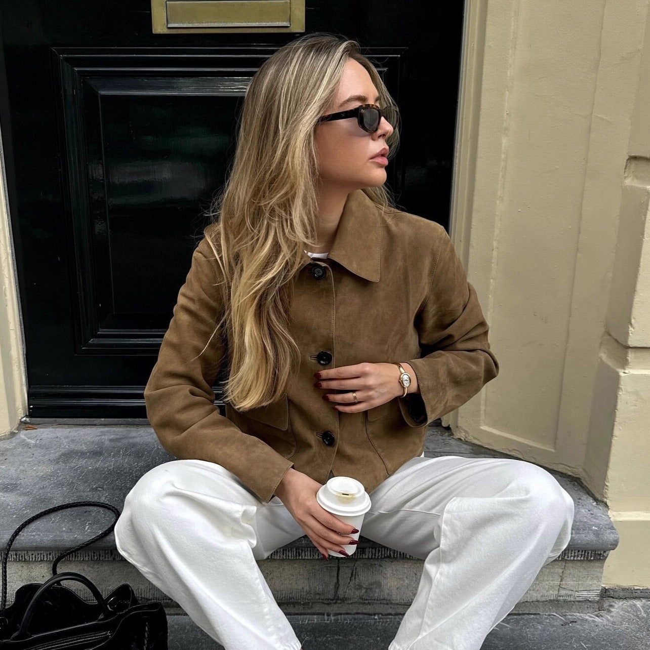 Women's Boxy Short Jacket in Suede Look with Shirt Collar and Flap Pockets Chichicherry