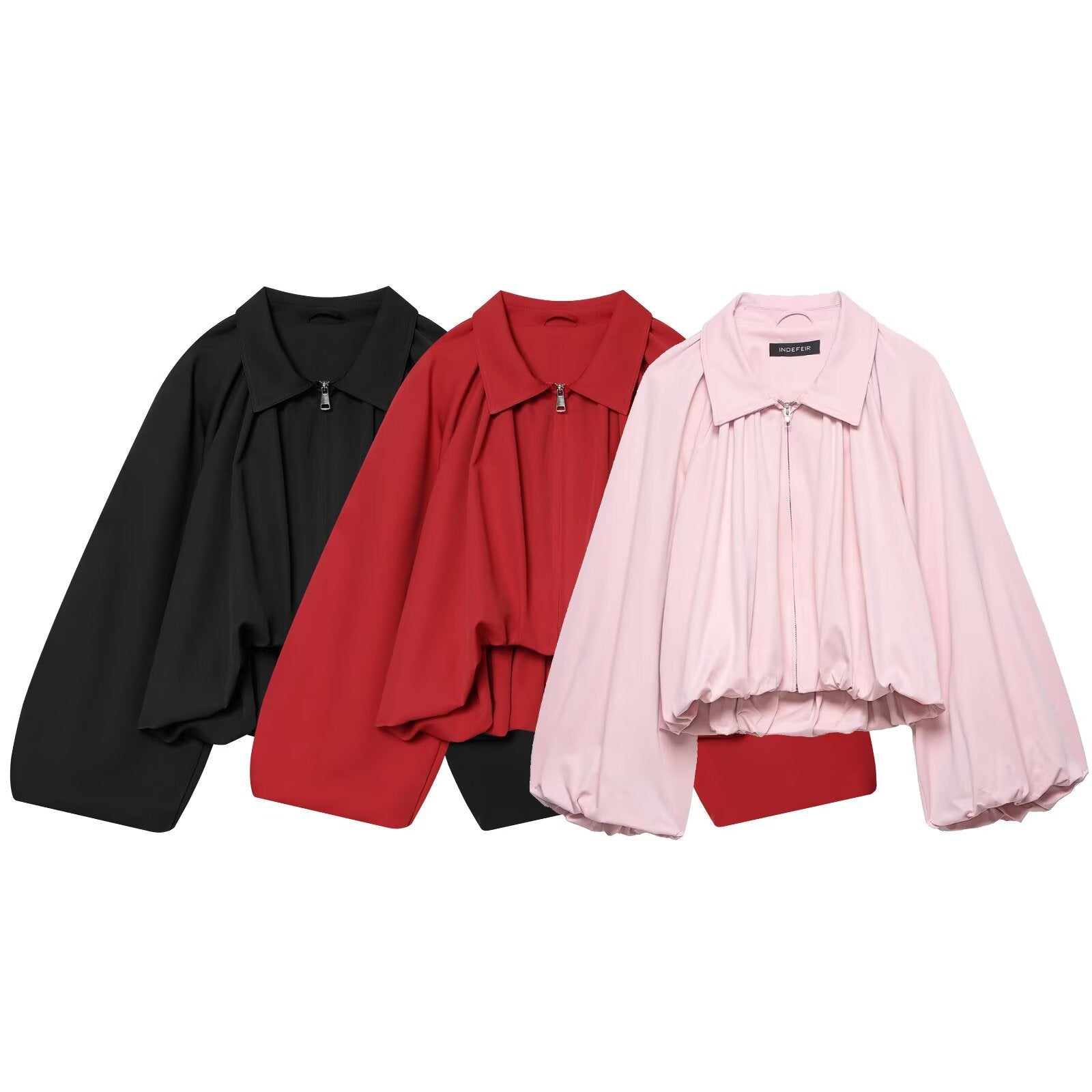 Women's short cut blouson jacket with wide balloon sleeves, zipper, and elastic hem Chichicherry