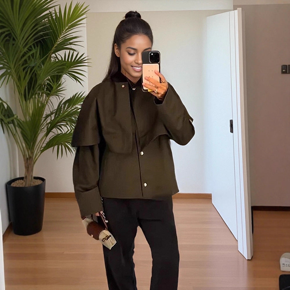 Women's Short Trench Coat with Cape Overlay and Oversized Sleeves Chichicherry