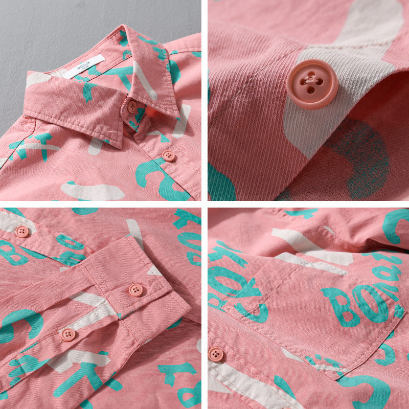 Men's Loose Cotton Overshirt with Graphic Allover Print and Kent Collar Chichicherry