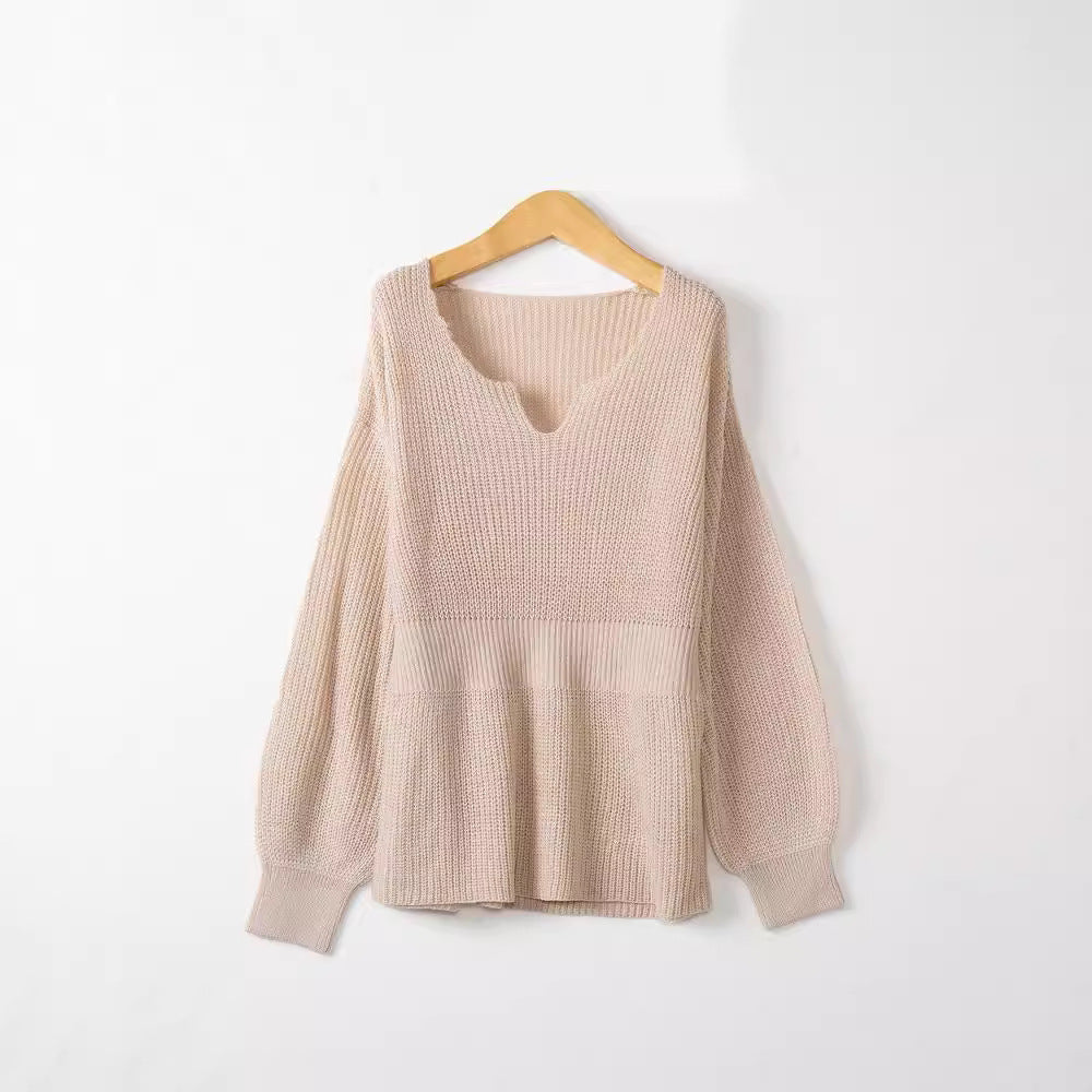 Women's Loose Fine Knit Sweater with V Notch Neckline, Fitted Ribbed Hem and Balloon Sleeves Chichicherry