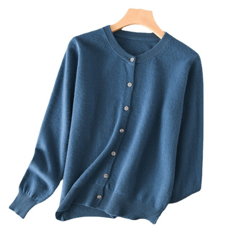 Women Light Round Neck Button Cardigan in Cashmere Optics with Fine Ribbed Edge and Casual Silhouette Chichicherry