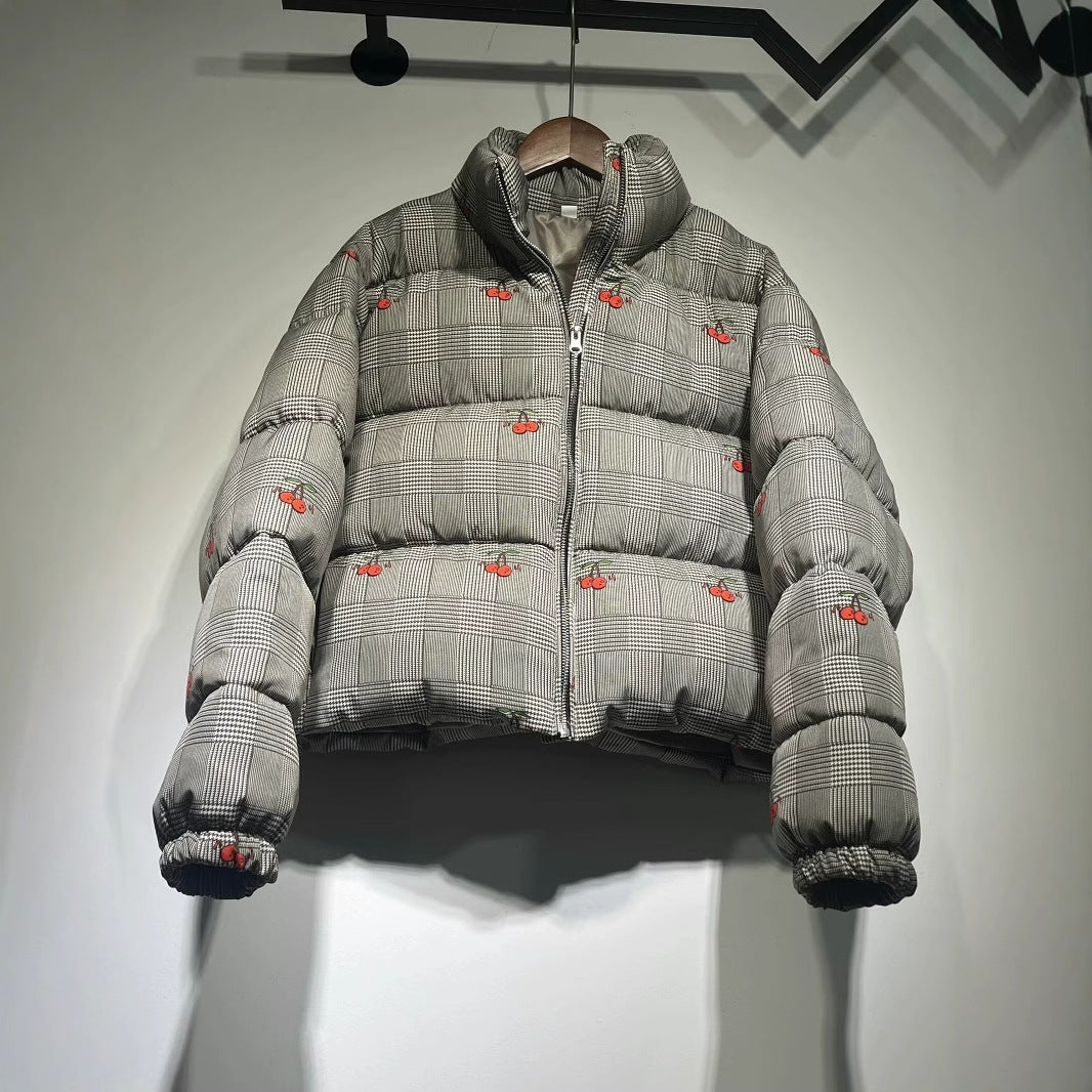 Women's short-cut quilted down-look jacket with stand-up collar and cherry embroidery Chichicherry