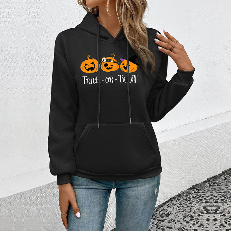 Women's hoodie with Halloween pumpkin print, hood and kangaroo pocket Chichicherry