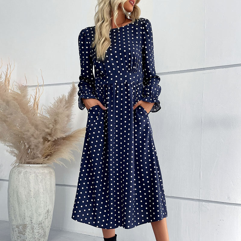 Women's Polka Dot Midi Dress with Ruffled Waist and Balloon Sleeves Chichicherry
