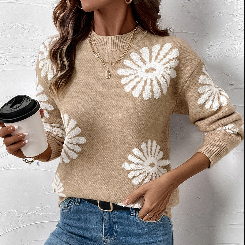 Women's oversized floral jacquard sweater, round neckline and ribbed cuffs Chichicherry