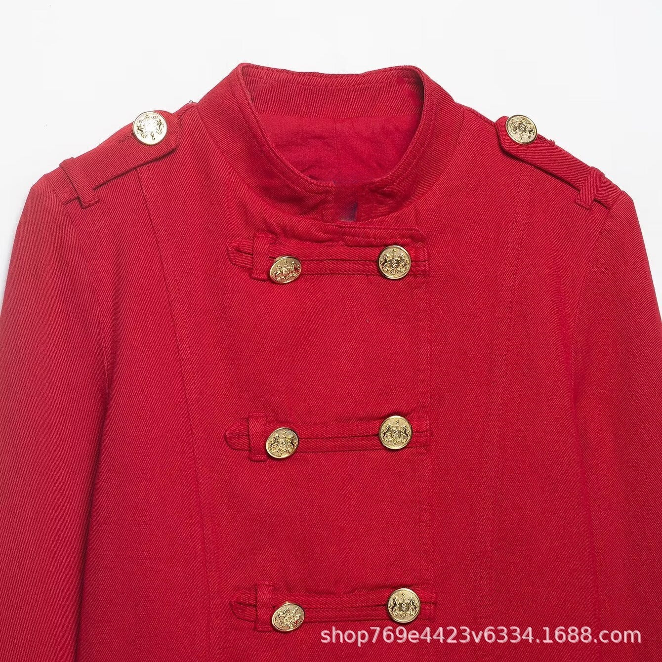 Women Short Military Jacket in Cropped Cut with Stand-up Collar and Golden Decorative Buttons Chichicherry