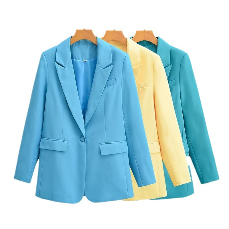 Women's Oversize Blazer with Shawl Lapel Single Button Closure and Flap Pockets Chichicherry