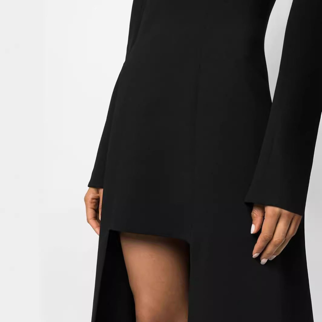 Women's maxi dress in blazer style with pronounced shoulder pads, tailored silhouette and high leg slit Chichicherry