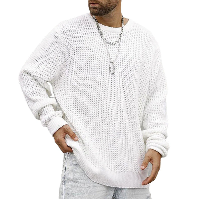Men's Chunky Knit Crew Neck Sweater with Basketweave Pattern and Relaxed Fit Chichicherry