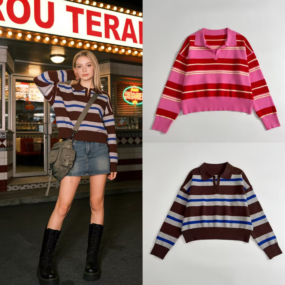 Women's Striped Polo Collar Sweater with Boxy Fit and V-Neck Chichicherry