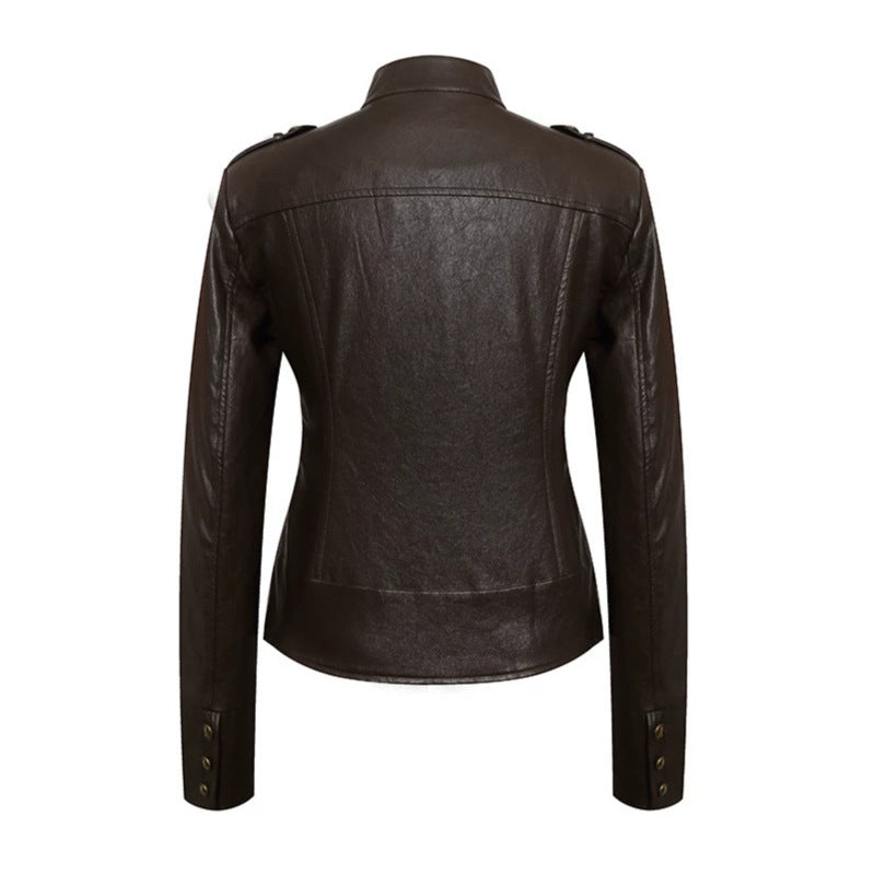 Women’s fitted leather jacket in military style with stand-up collar and decorative button placket Chichicherry