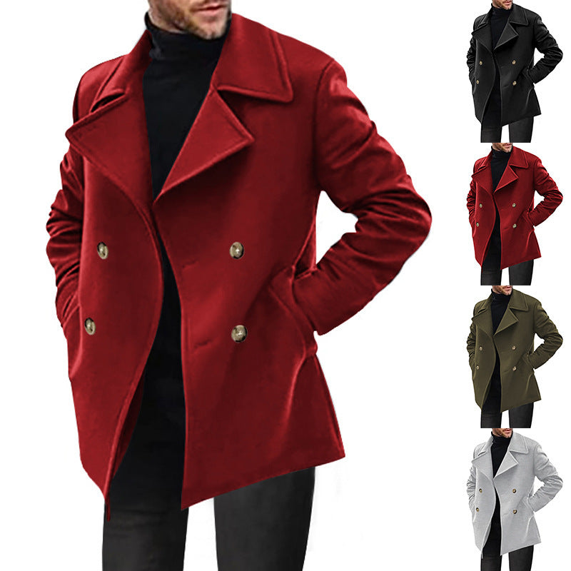Men's Double-Breasted Tailored Peacoat with Wide Lapels and Pockets Chichicherry