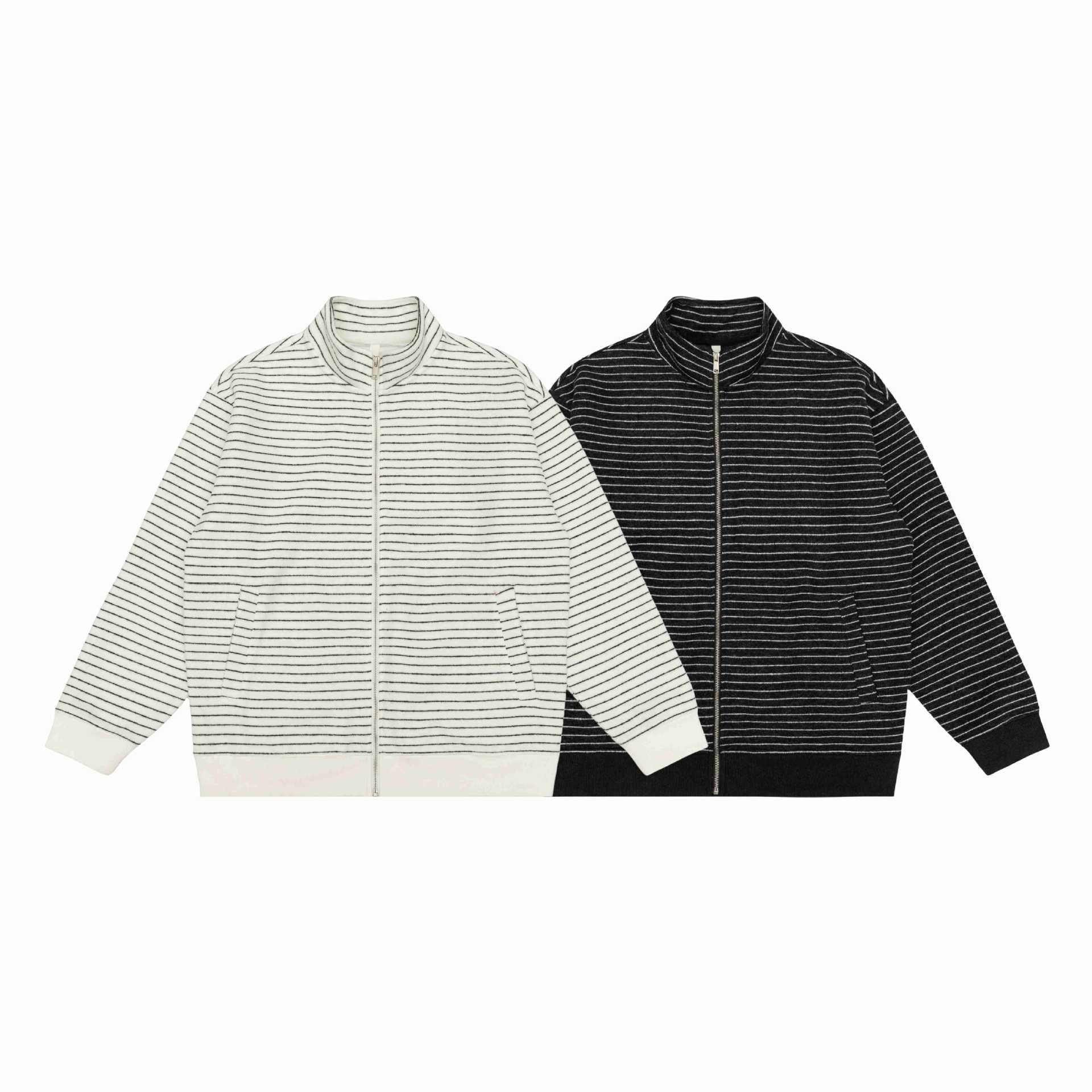 Women's Striped Zip Jacket with Stand-Up Collar and Insert Pockets Chichicherry