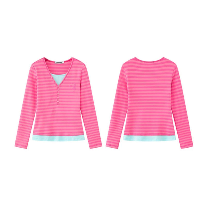 Women’s Layered Long Sleeve Shirt with Henley Button Placket and Contrasting Underlayer Chichicherry