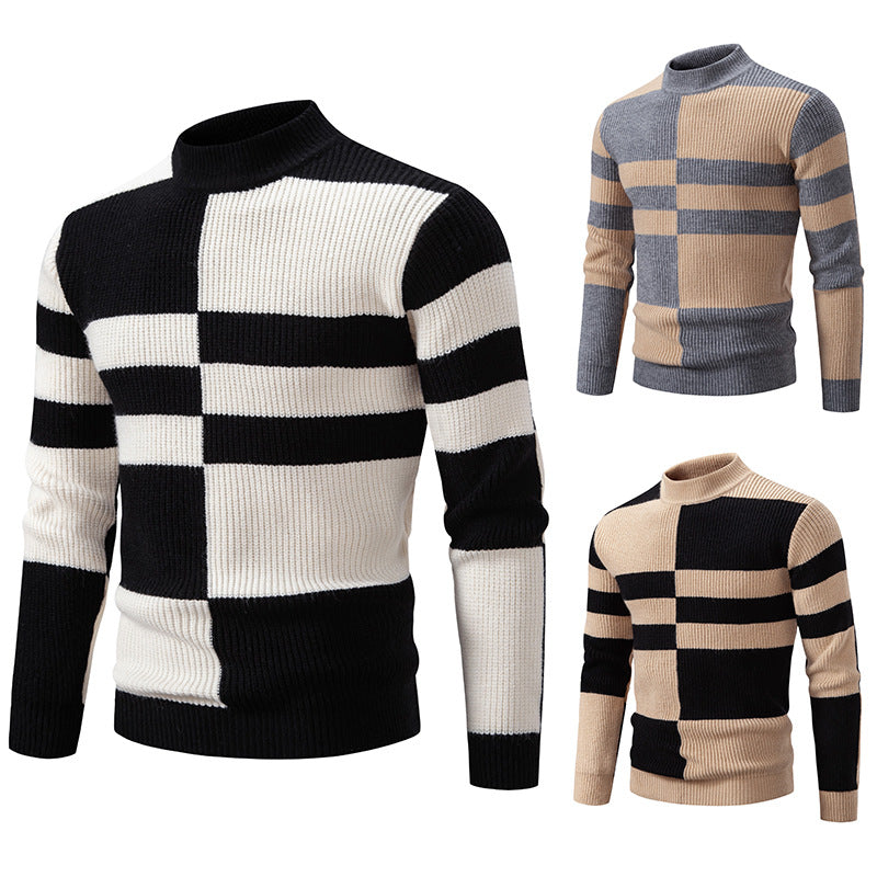 Men's Structured Mockneck Knit Sweater with Asymmetrical Block Pattern Chichicherry