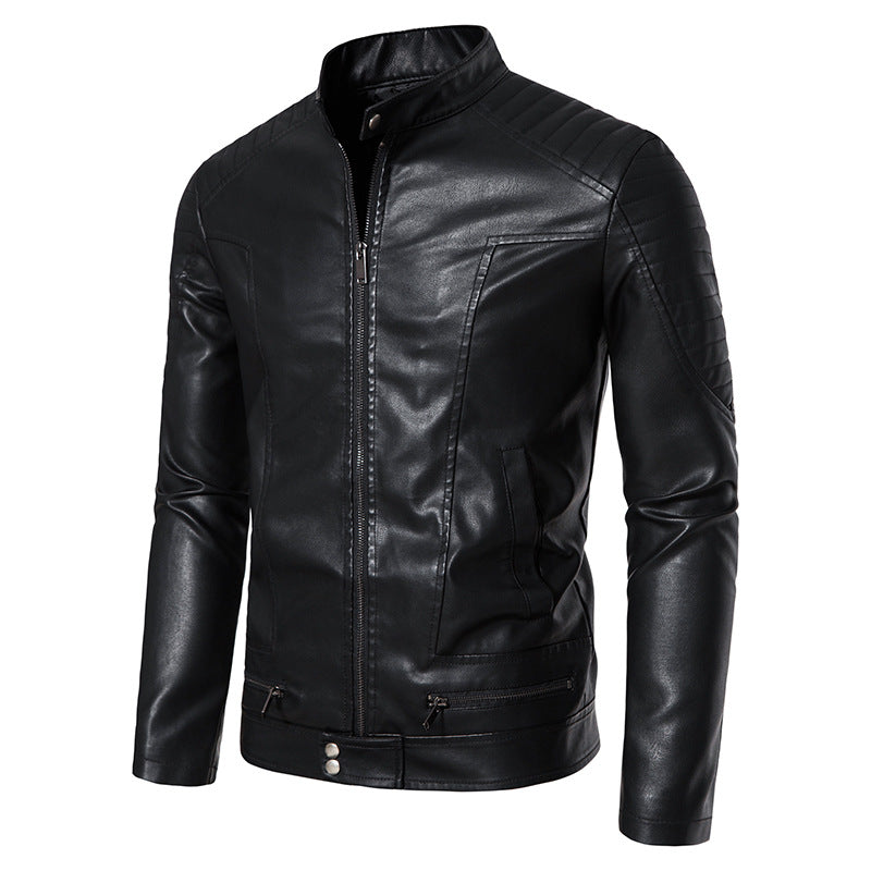 Men's Slim Biker Blouson Faux Leather Jacket with Stand Collar, Decorative Stitching and Zipper Pockets Chichicherry