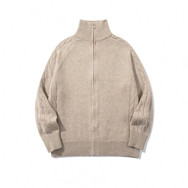 Unisex Boxy Zip Cardigan with Stand-up Collar, Cable Knit Sleeves and Ribbed Hems Chichicherry