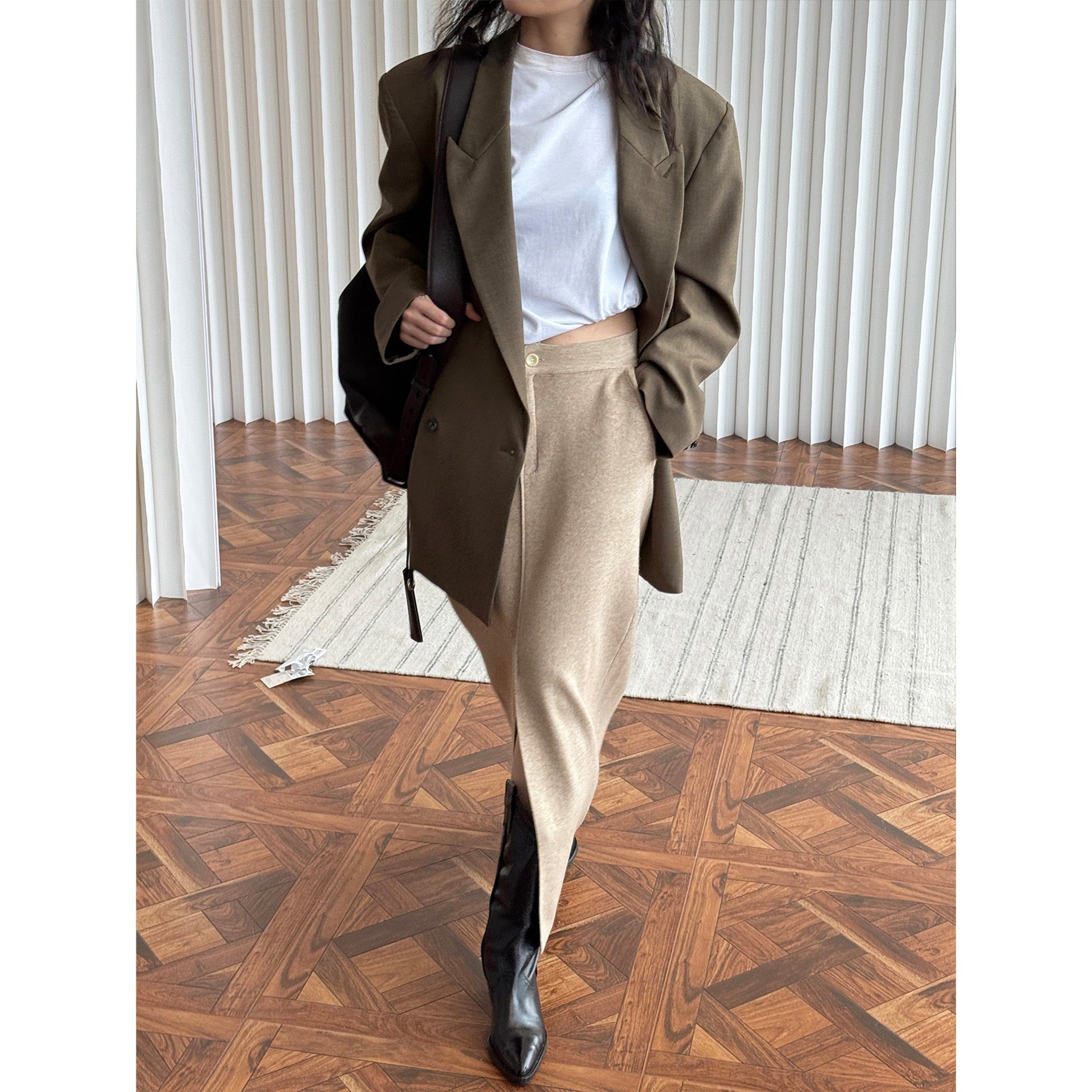 Ladies High-Waisted Knit Midi Skirt with Center Front Slit Chichicherry