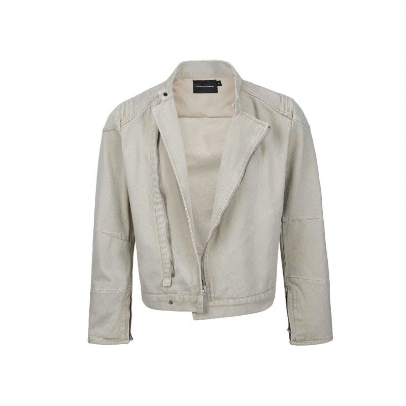Men's Asymmetric Short Jacket in Biker Style with Stand-up Collar and Diagonal Metal Zipper Chichicherry