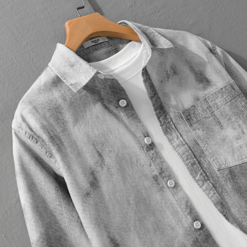 Men's Stonewashed Denim Overshirt in Vintage Wash Look with Chest Pocket and Relaxed Fit Chichicherry