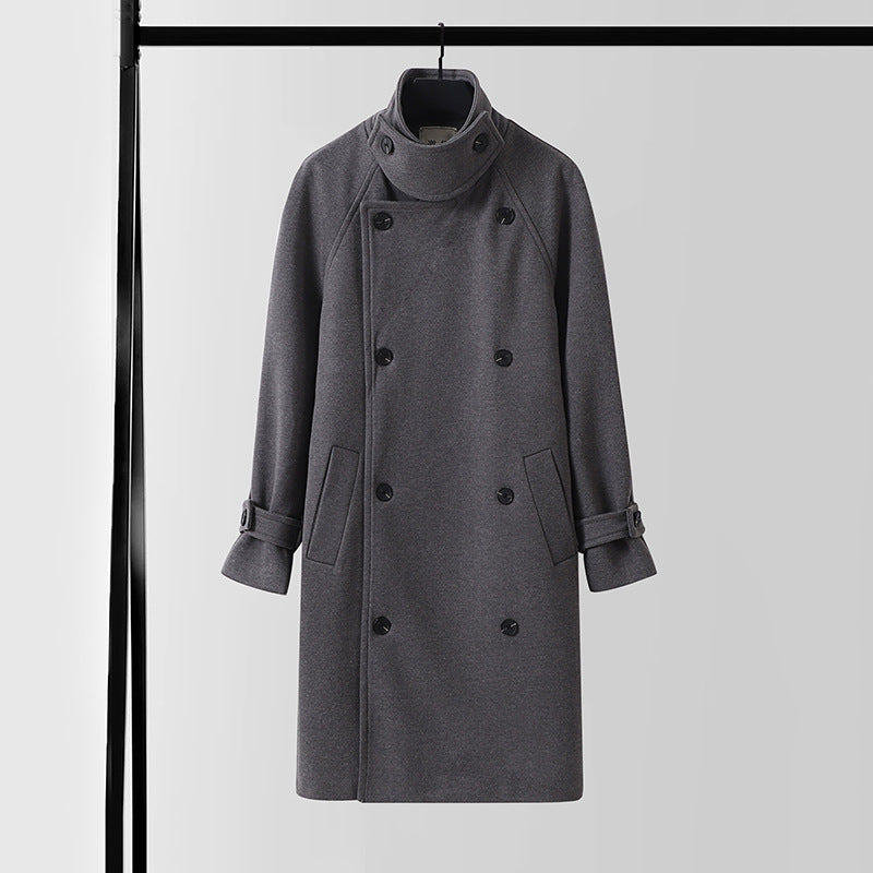 Men's Maxi Length Double-Breasted Wool Blend Coat with High Stand Collar and Tie Belt Chichicherry