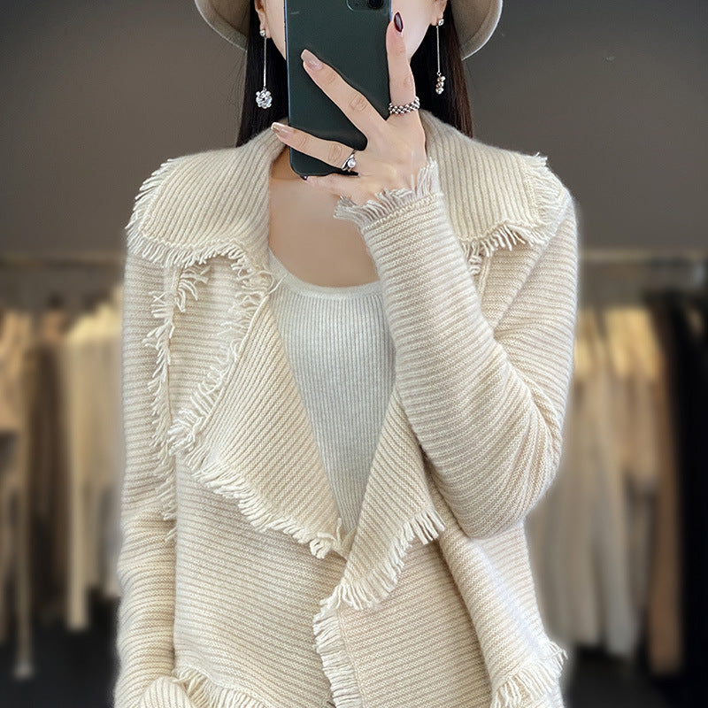 Women Long Fringe Knit Cardigan with Large Shawl Collar and Fine Rib Structure Chichicherry