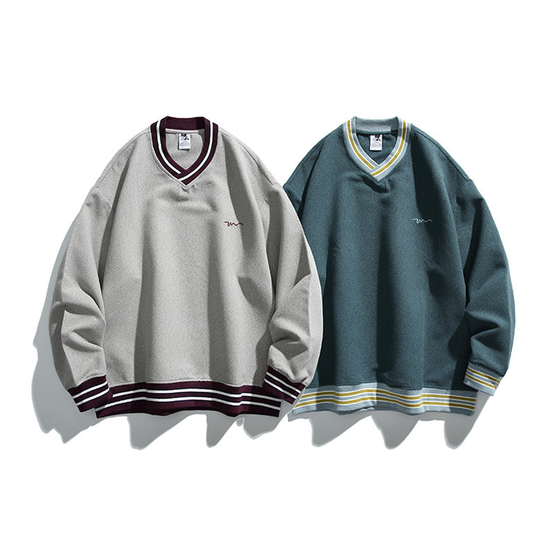 Men's Oversized V-Neck Sweatshirt with Contrast Stripes at Cuffs and Hem Chichicherry
