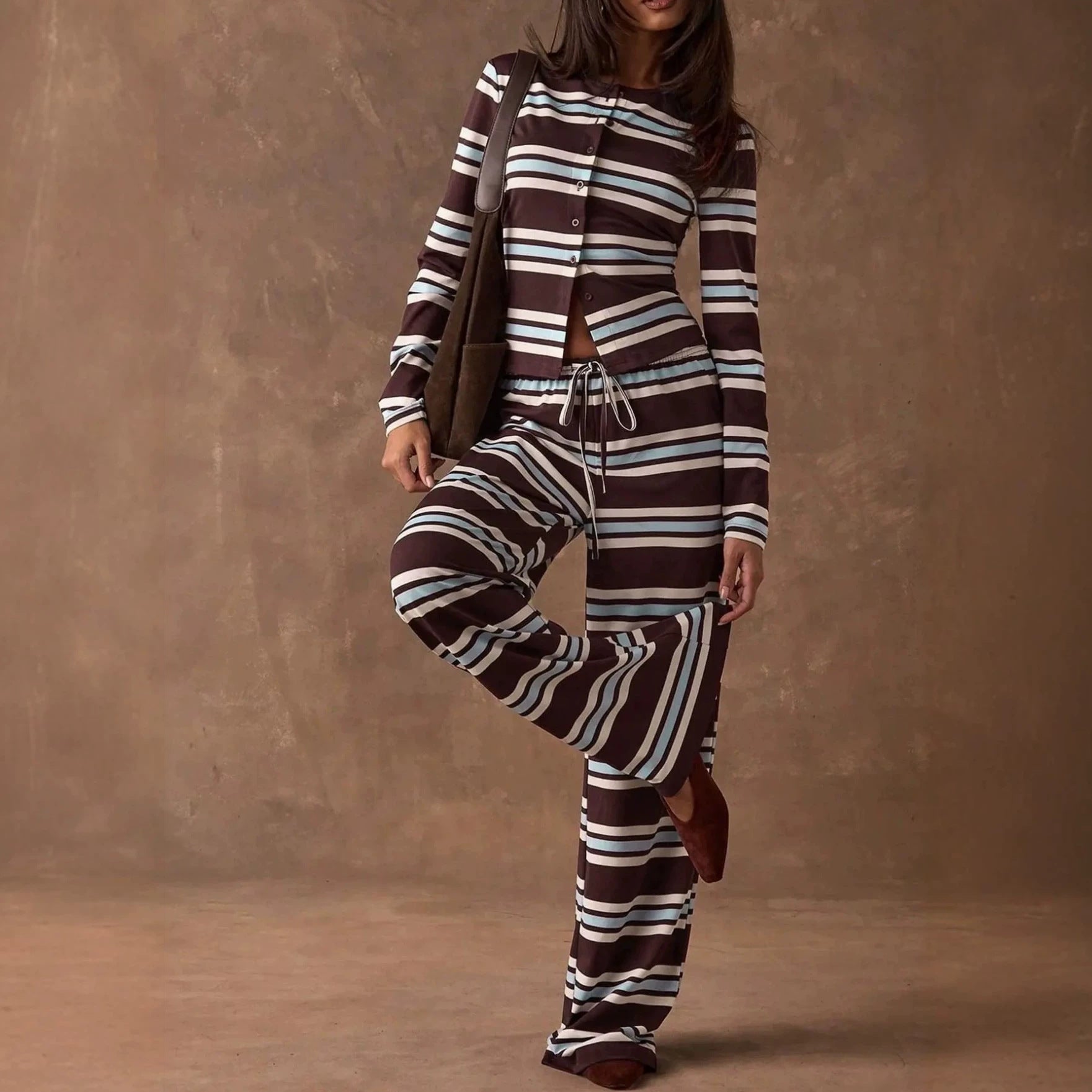 Ladies Striped Knit Lounge Set with Tailored Button Cardigan and Wide Palazzo Pants Chichicherry