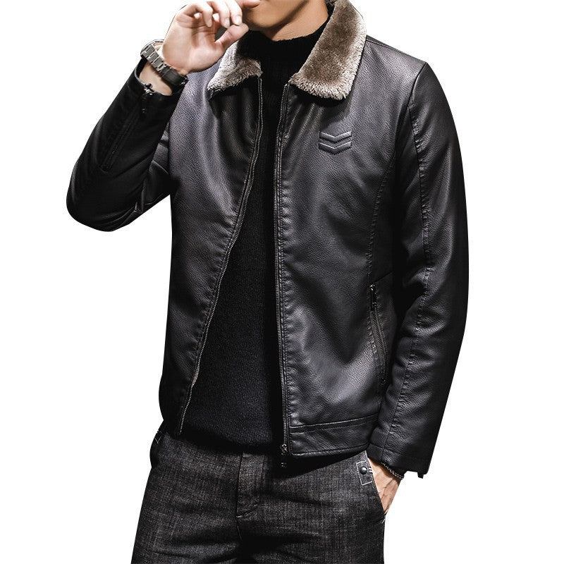 Men's Faux Leather Aviator Jacket with Sherpa Collar and Slim Fit Chichicherry