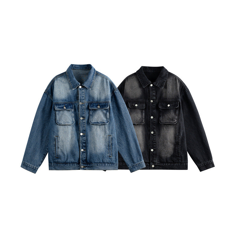 Men's Oversized Denim Jacket with Distressed Wash, Flap Chest Pockets and Button Closure Chichicherry