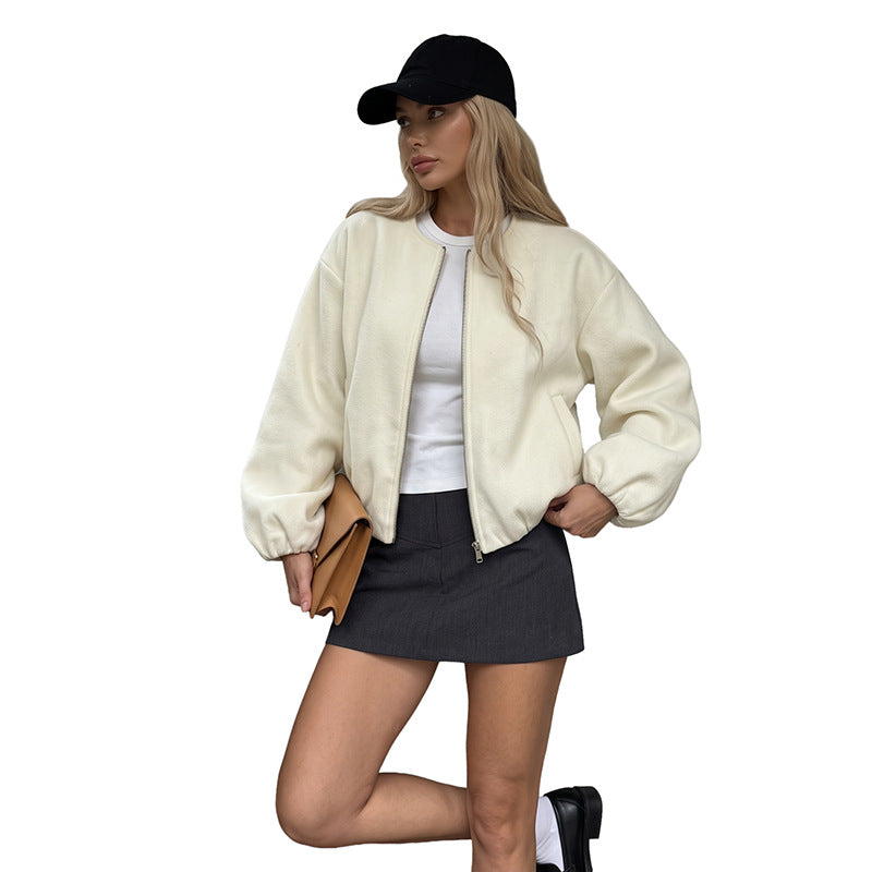 Women's Padded Teddy Fleece Bomber Jacket with Zipper, Elastic Hem and Side Pockets Chichicherry