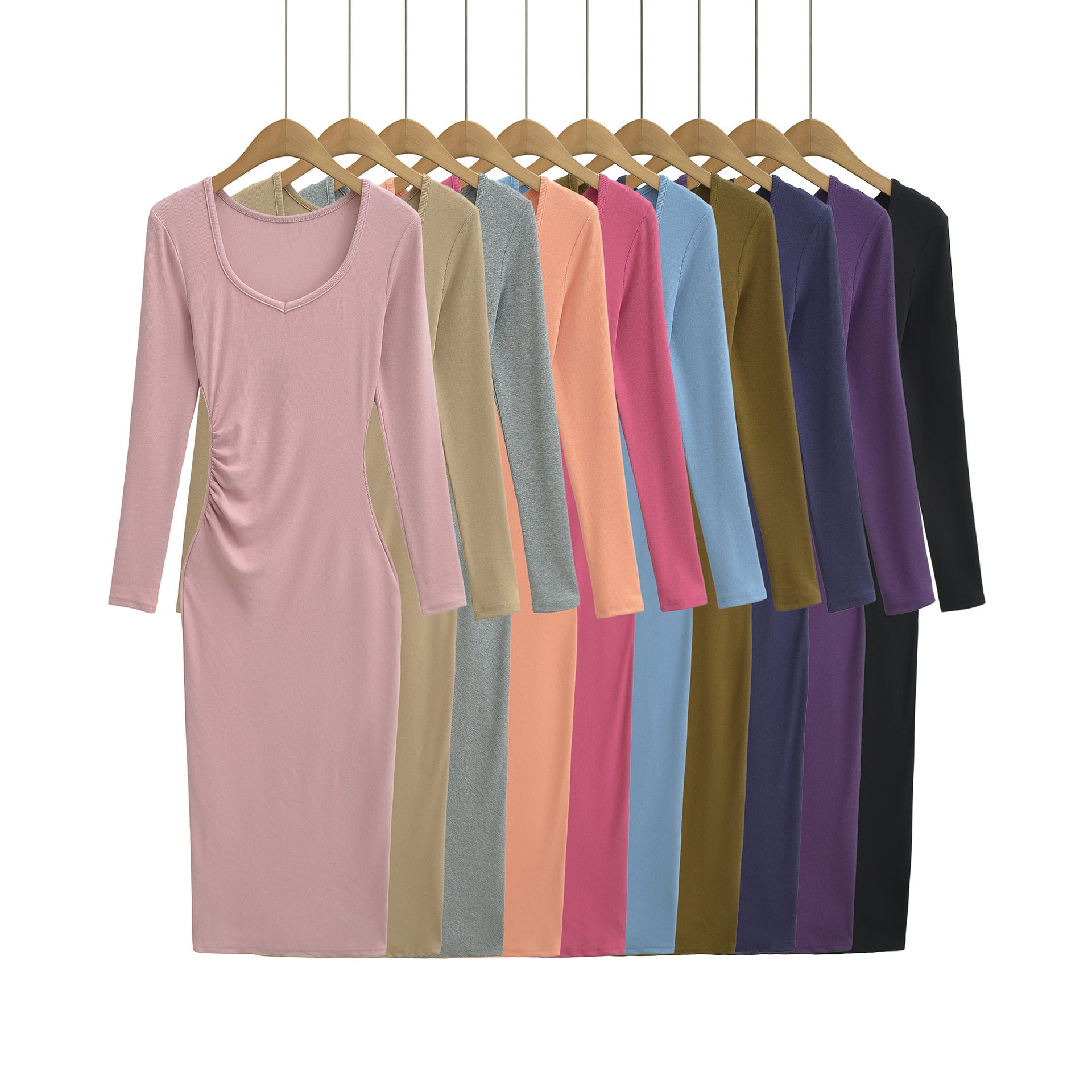 Women's Fitted Midi Dress with Side Ruching and Double Neckline Chichicherry