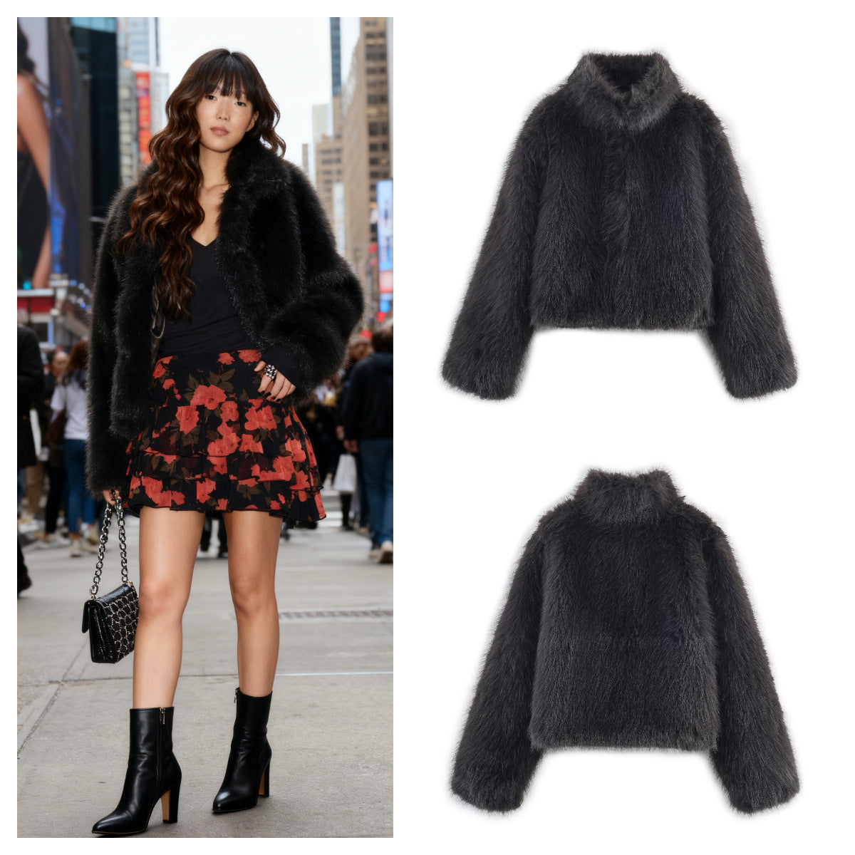 Women's Short Faux Fur Jacket with Stand Collar and Boxy Cut Chichicherry
