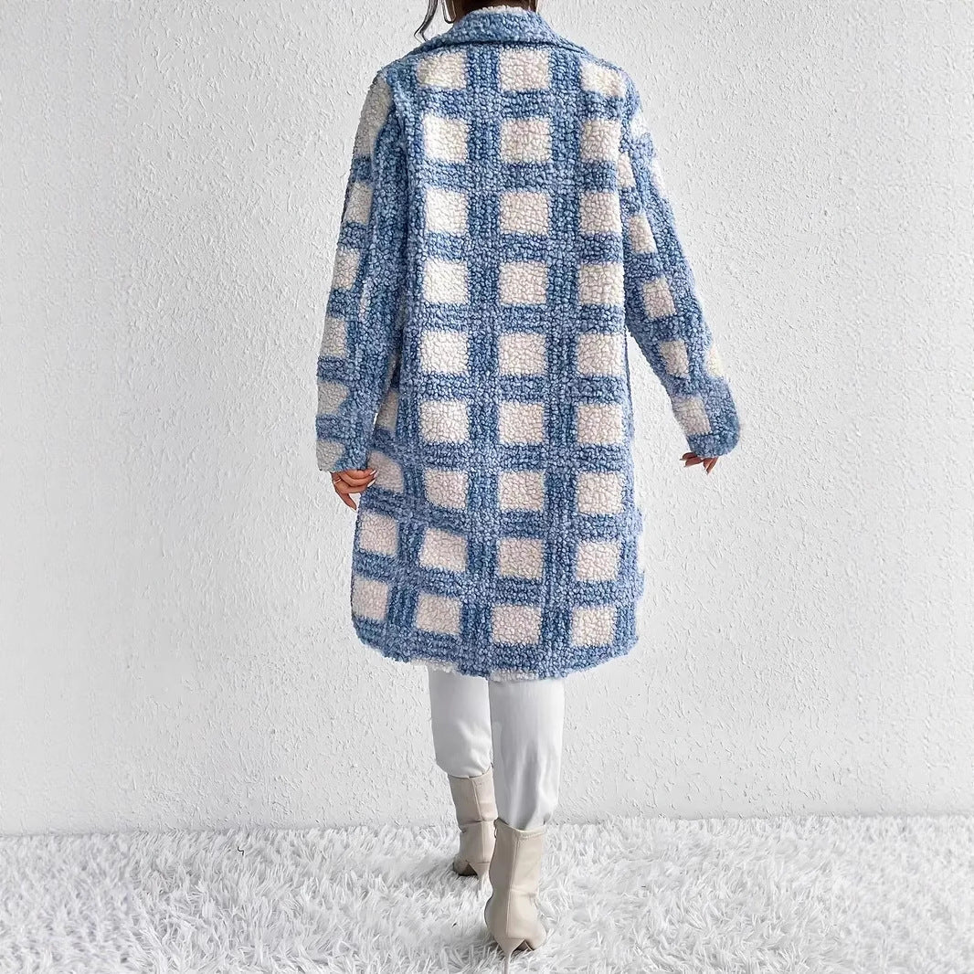 Women's teddy coat with large check pattern, shirt collar, and button closure Chichicherry