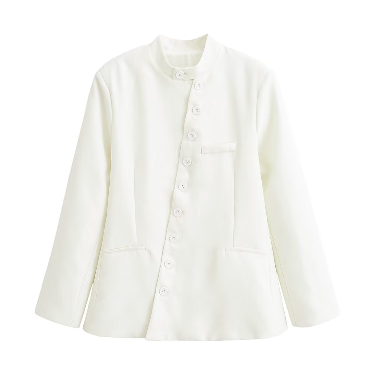 Women's asymmetrical buttoned short blazer with stand-up collar and patch pockets Chichicherry