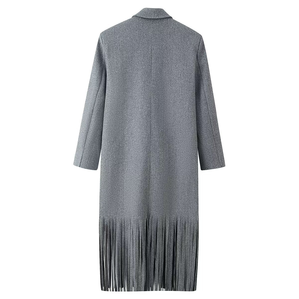 Women's Double-Breasted Wool Blend Coat with Fringe Hem and Draped Lapel Chichicherry