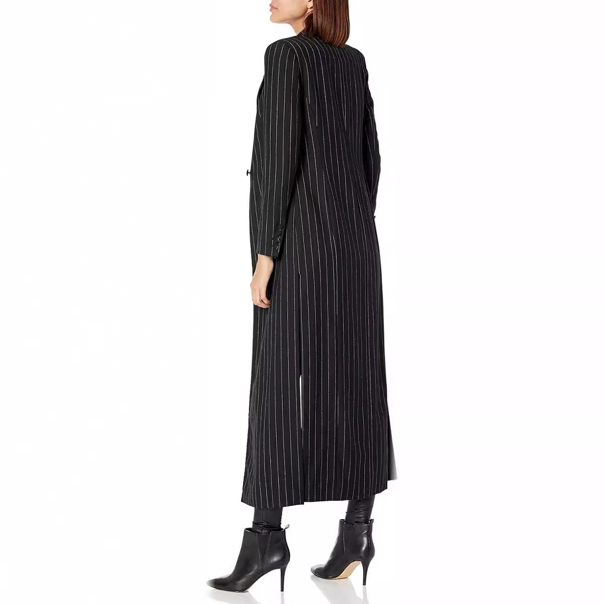 Women's Longline Blazer Coat with Pinstripes, Tailored Silhouette and Flap Pockets Chichicherry