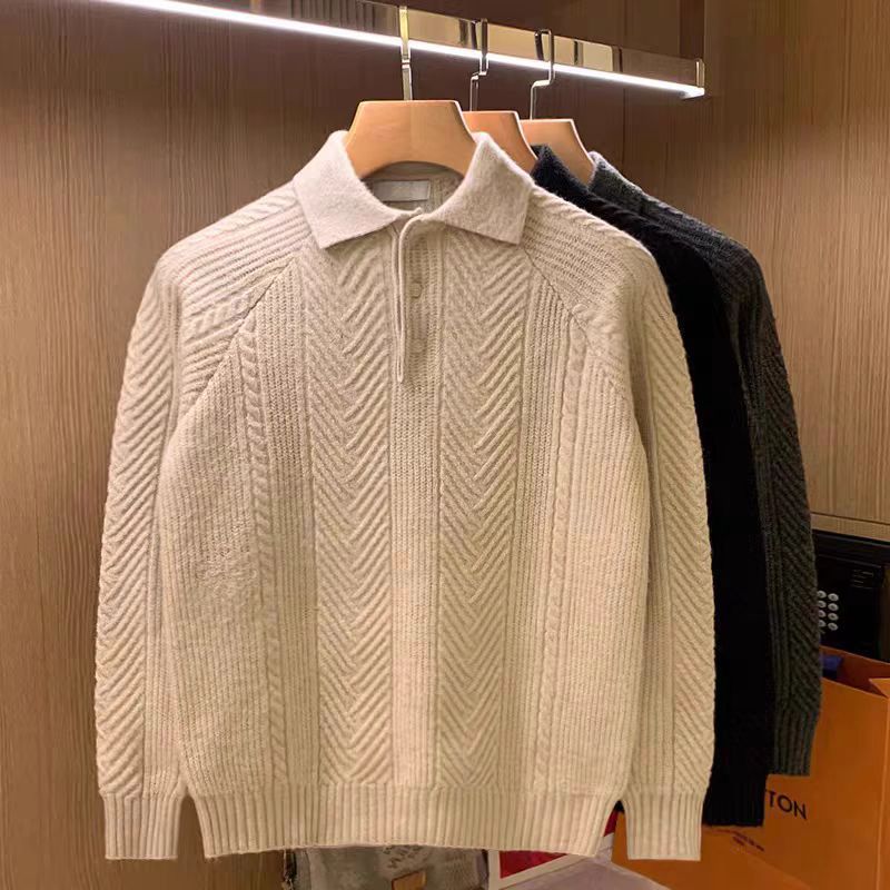 Herren Feinstrick-Polopullover mit halber Knopfleiste und Zopfmuster Chichicherry