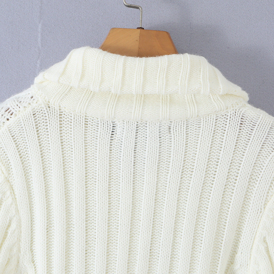 Ladies short knitted cardigan with stand-up collar, cable pattern, wooden button toggles and pockets Chichicherry