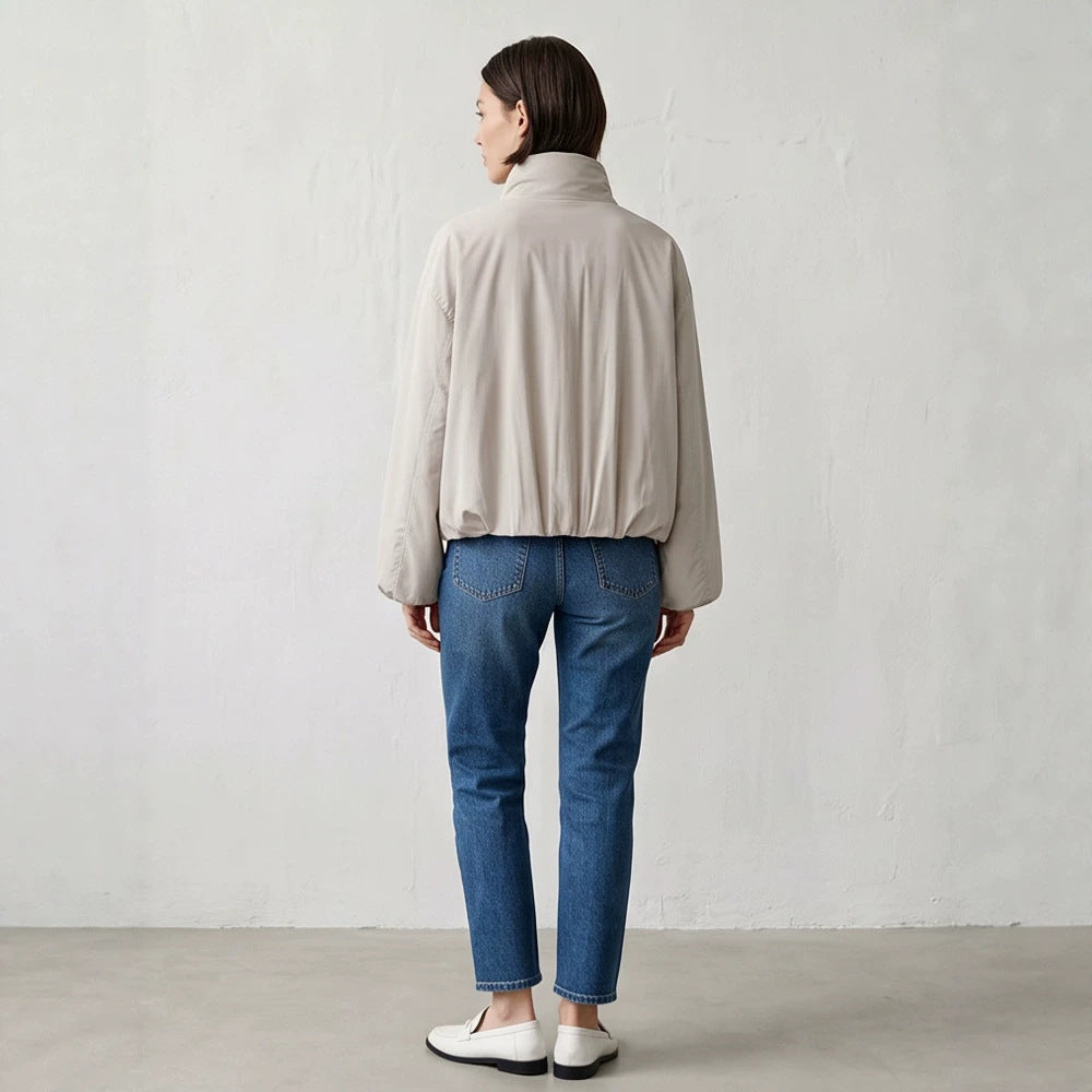 Women's Short Cut Stand Collar Bomber Jacket with Elastic Hem and Raglan Sleeves Chichicherry