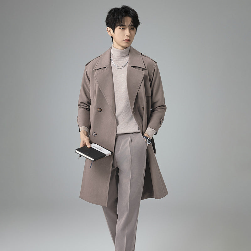 Men's Double-Breasted Trench Coat with Waist Belt and Classic Lapel Chichicherry