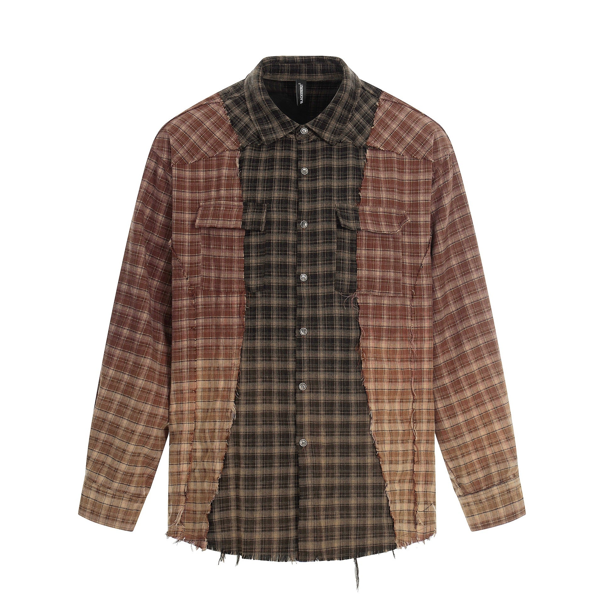 Men's Patchwork Flannel Overshirt with Frayed Edges Chichicherry