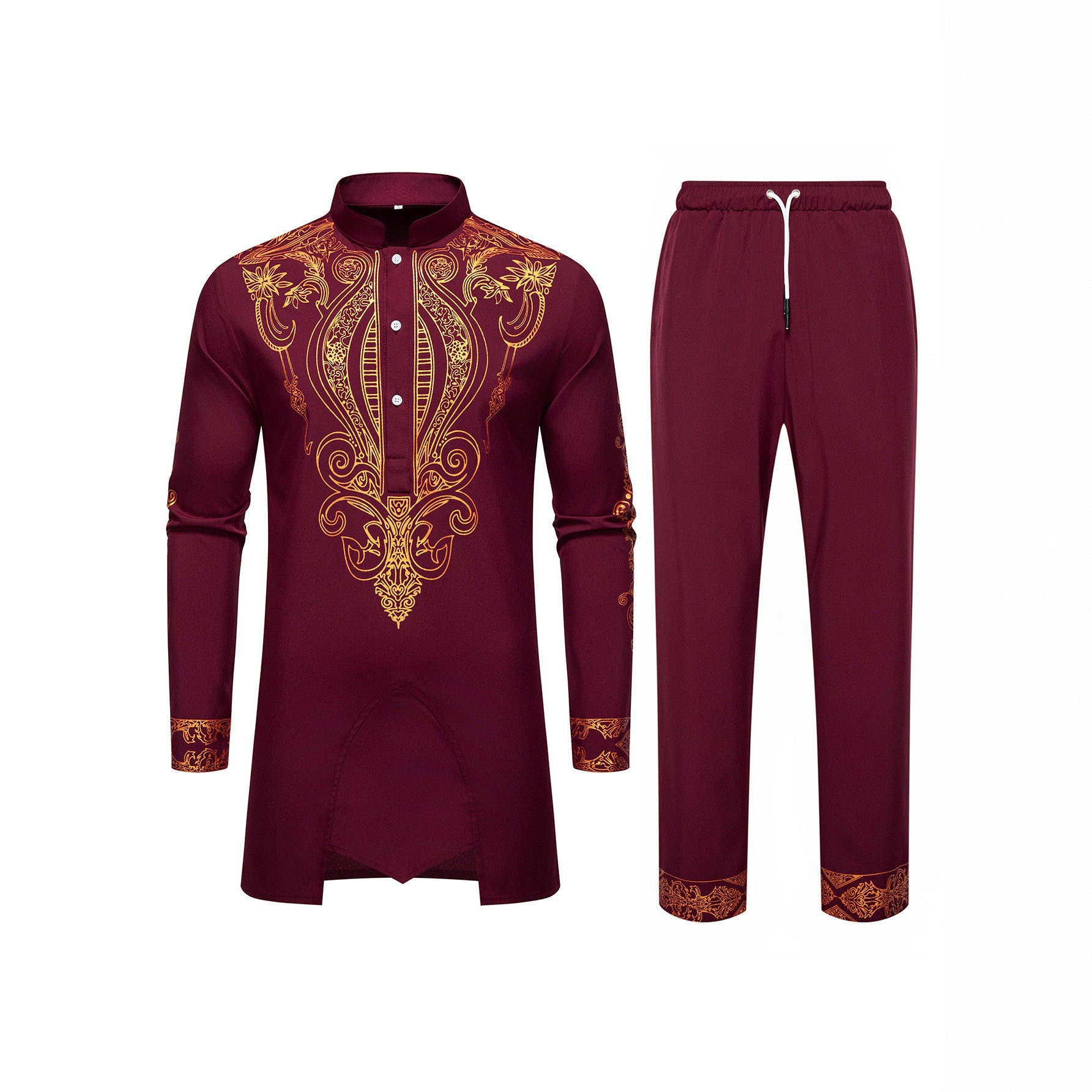 Men's Tunic Suit with Stand Collar and Ornamental Gold Application Chichicherry