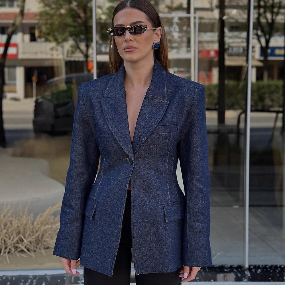 Women tailored jeans blazer with curved lapel Chichicherry