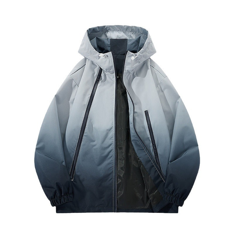 Men's Light Hooded Windbreaker with Asymmetrical Zipper Pockets and Adjustable Hem Chichicherry