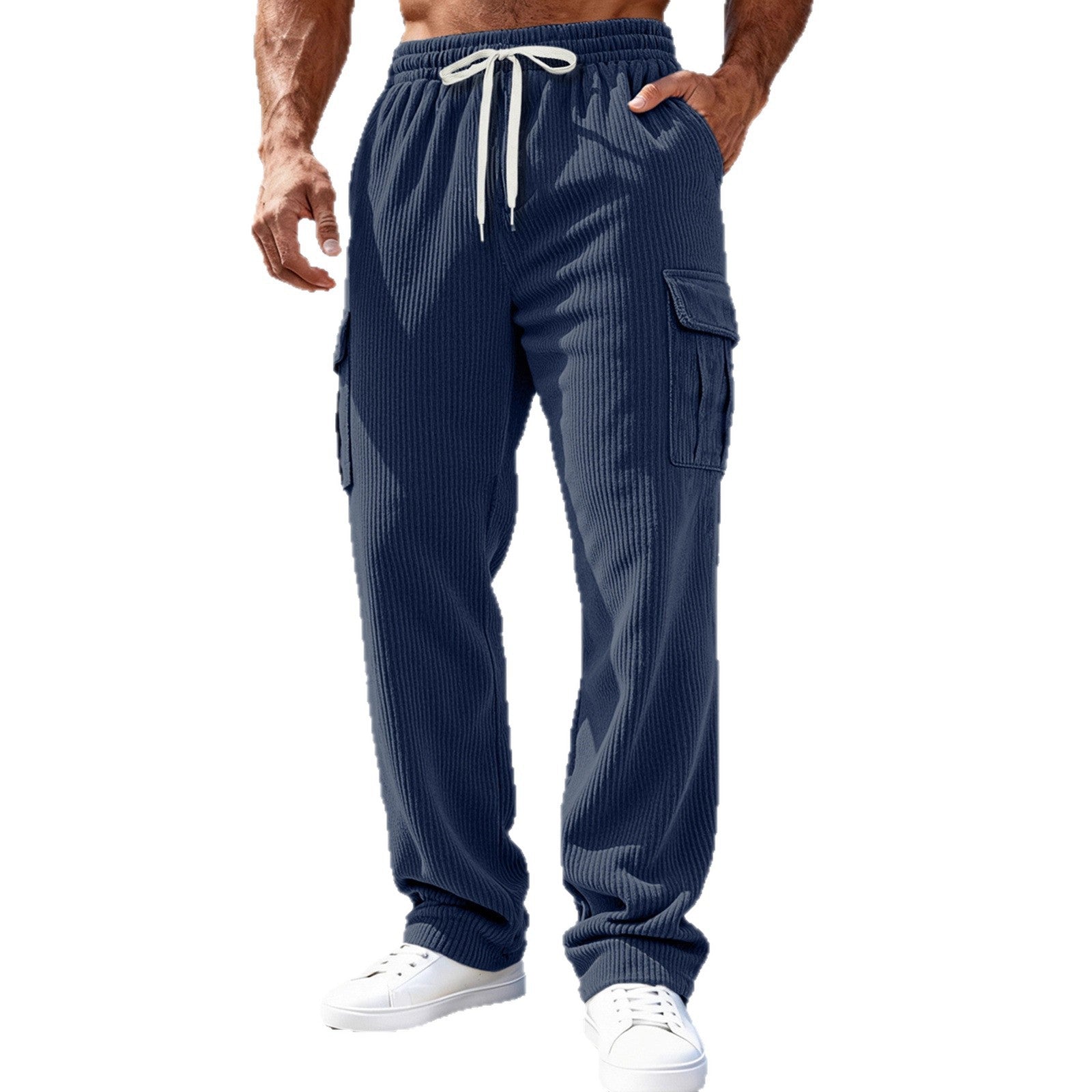 Men Ribbed Cargo Sweatpants with Drawstring and Elastic Waistband Chichicherry