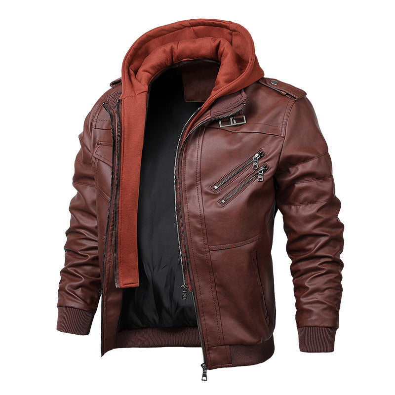 Men's Faux Leather Bomber Jacket with Hood Layer, Shoulder Patches and Utility Pockets Chichicherry