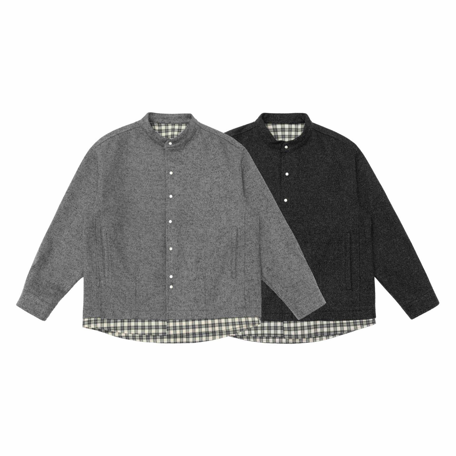 Unisex Short Cut Wool Blend Blouson with Stand-Up Collar and Checked Interior Band Chichicherry