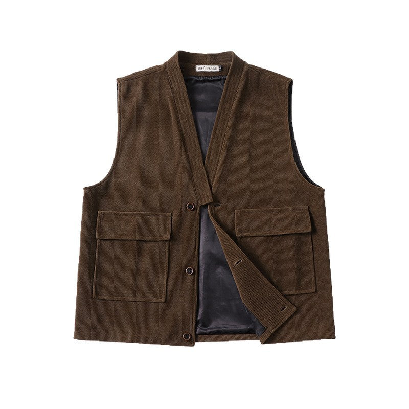 Men's cord waistcoat with V-neck, stand-up collar, and large flap pockets Chichicherry